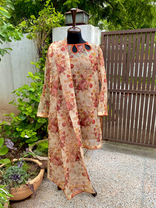 Sand and Roses Printed Organza Shirt with Hand Embroidery