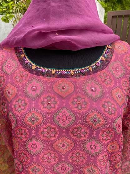 Purple Printed Organza Shirt with Hand Embroidery