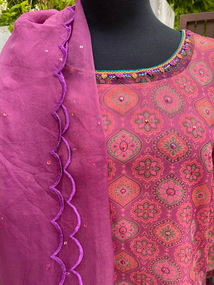 Purple Printed Organza Shirt with Hand Embroidery