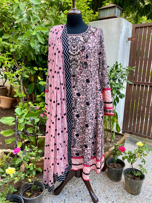 Pink and Black Chiffon Shirt with Embroidery