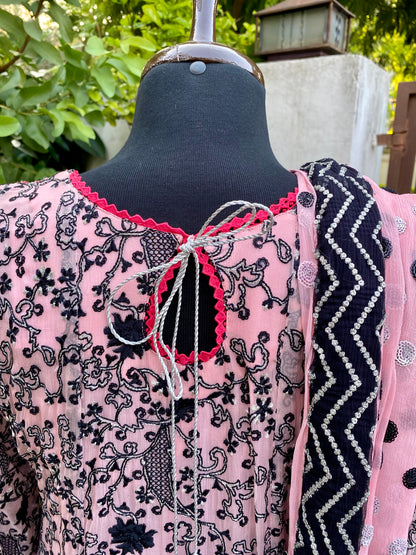 Pink and Black Chiffon Shirt with Embroidery