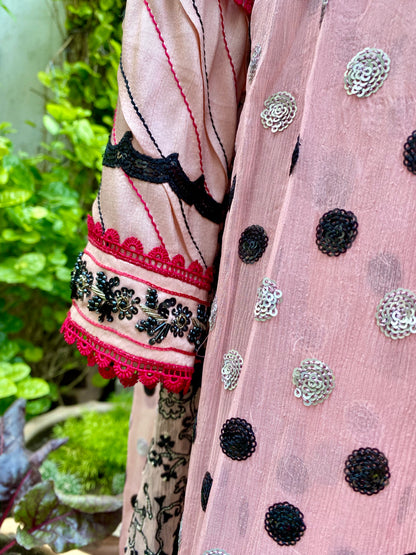 Pink and Black Chiffon Shirt with Embroidery