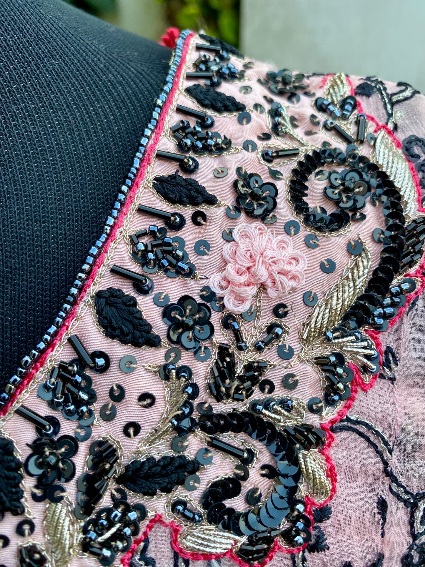 Pink and Black Chiffon Shirt with Embroidery