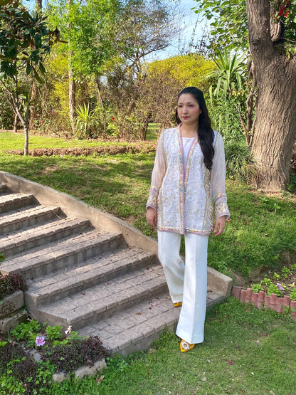 White Embroidered Organza Jacket with Pastel Borders