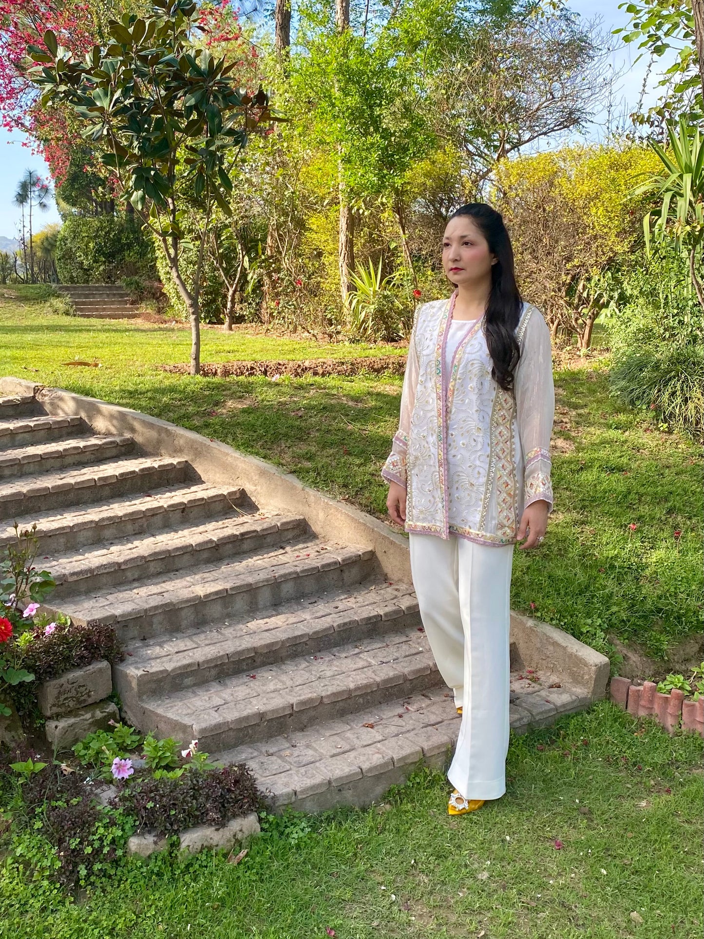 White Embroidered Organza Jacket with Pastel Borders