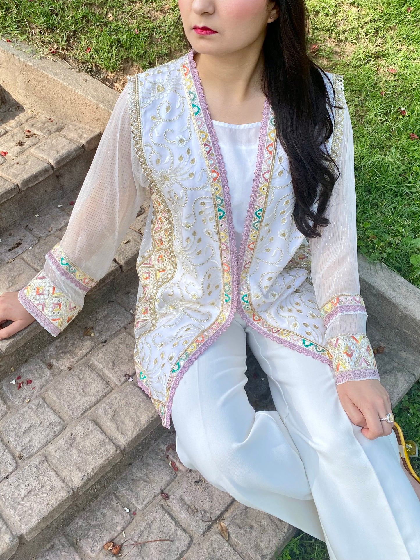 White Embroidered Organza Jacket with Pastel Borders