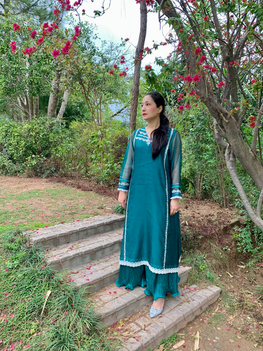 Teal Zari Cotton Net Shirt with Embroidery