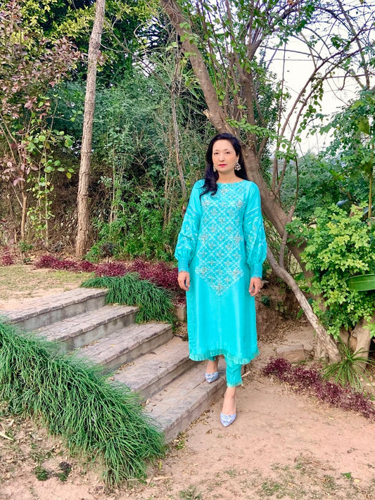 Aqua Silk Shirt with Embroidery