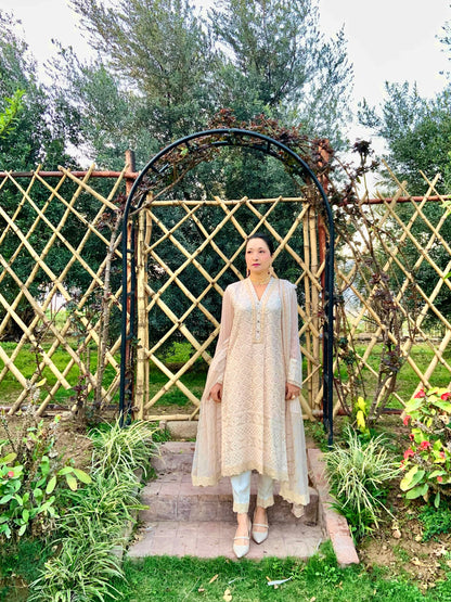 Peach Chikankari Shirt with Dupatta and Trousers