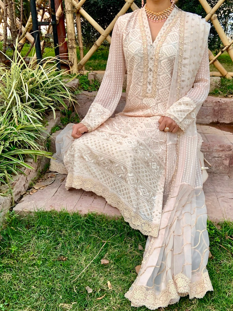 Peach Chikankari Shirt with Dupatta and Trousers