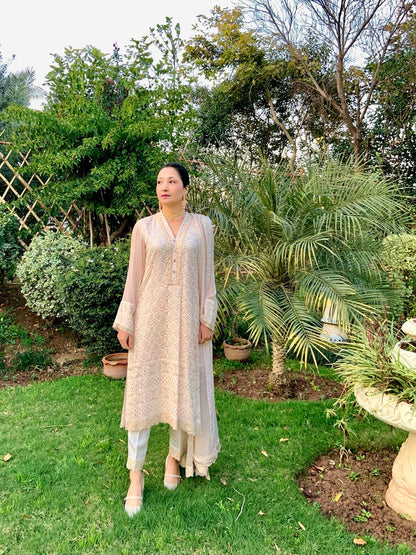 Peach Chikankari Shirt with Dupatta and Trousers
