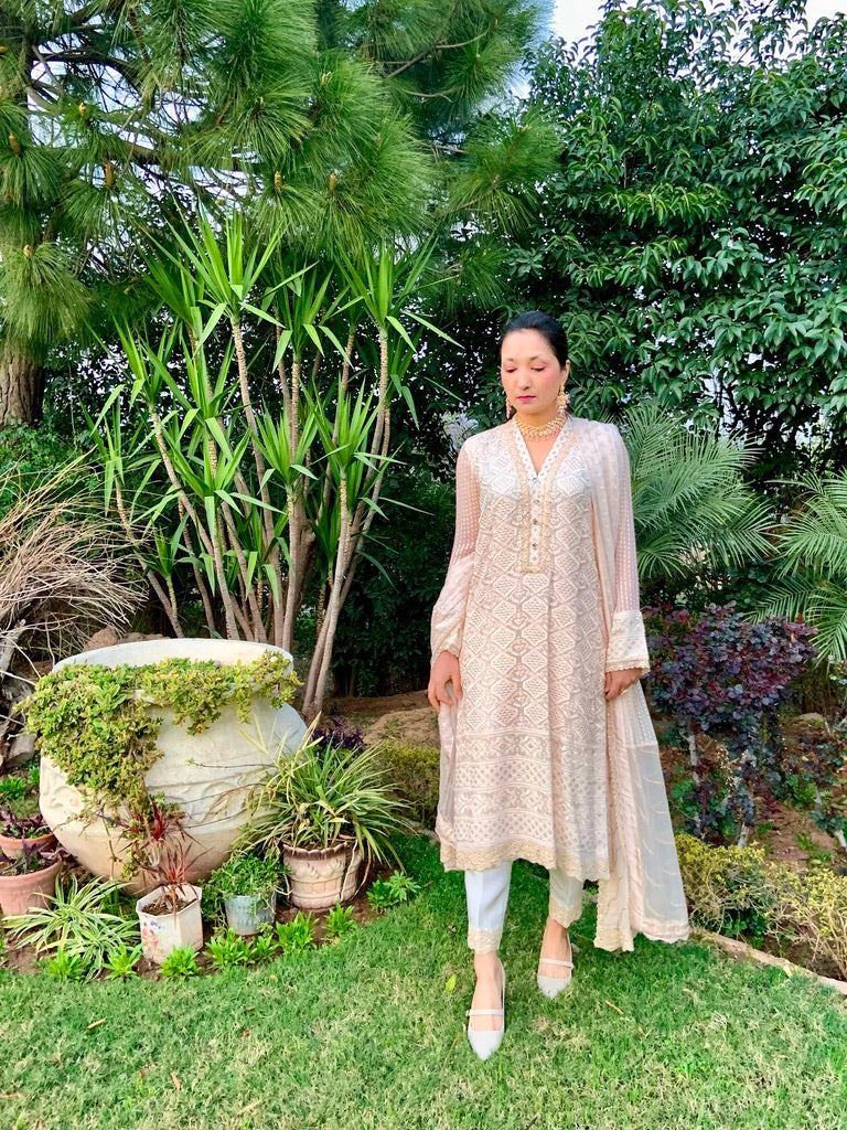 Peach Chikankari Shirt with Dupatta and Trousers