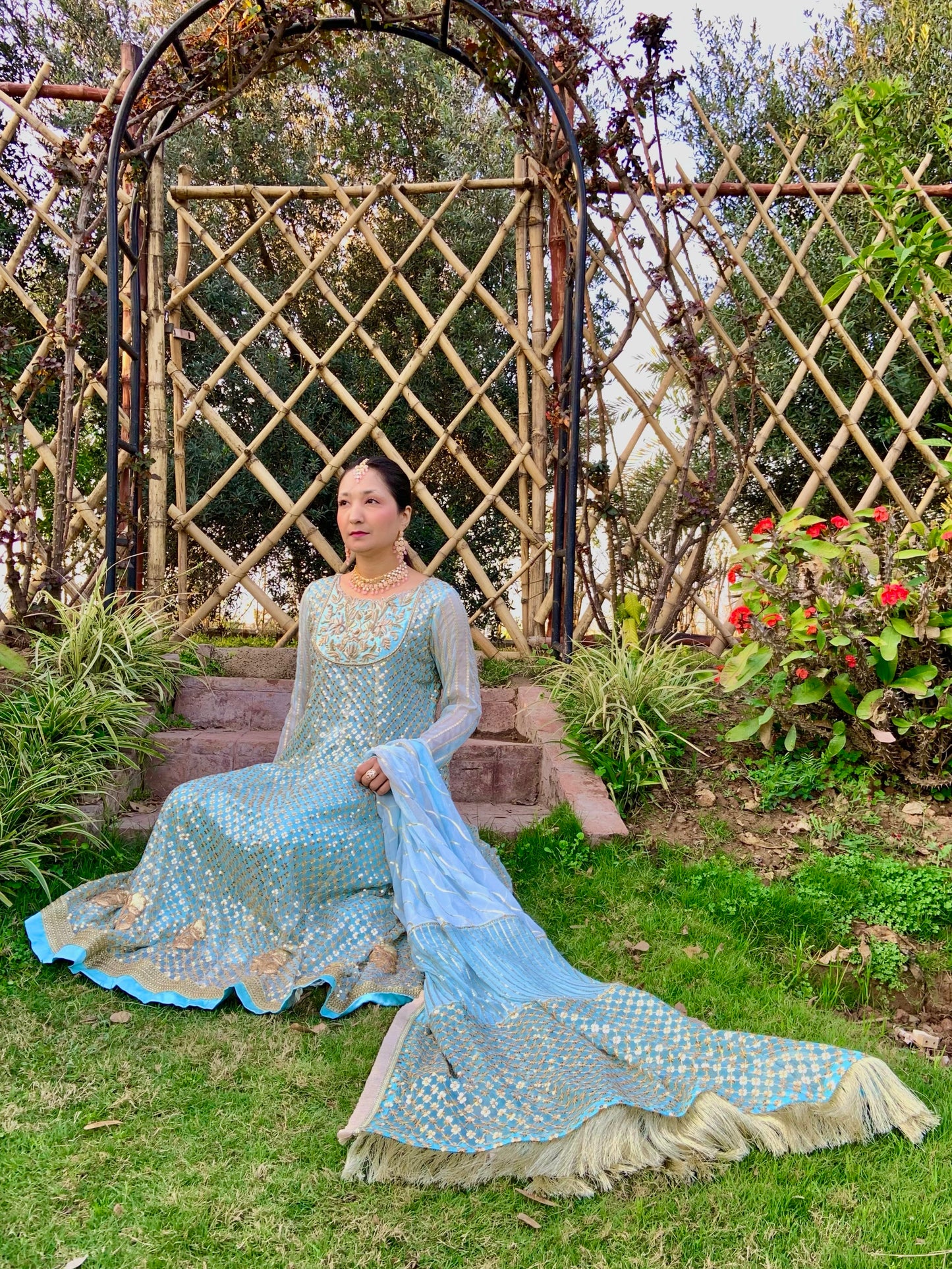 Powder Blue Sequinned Peshwas with Embroidery