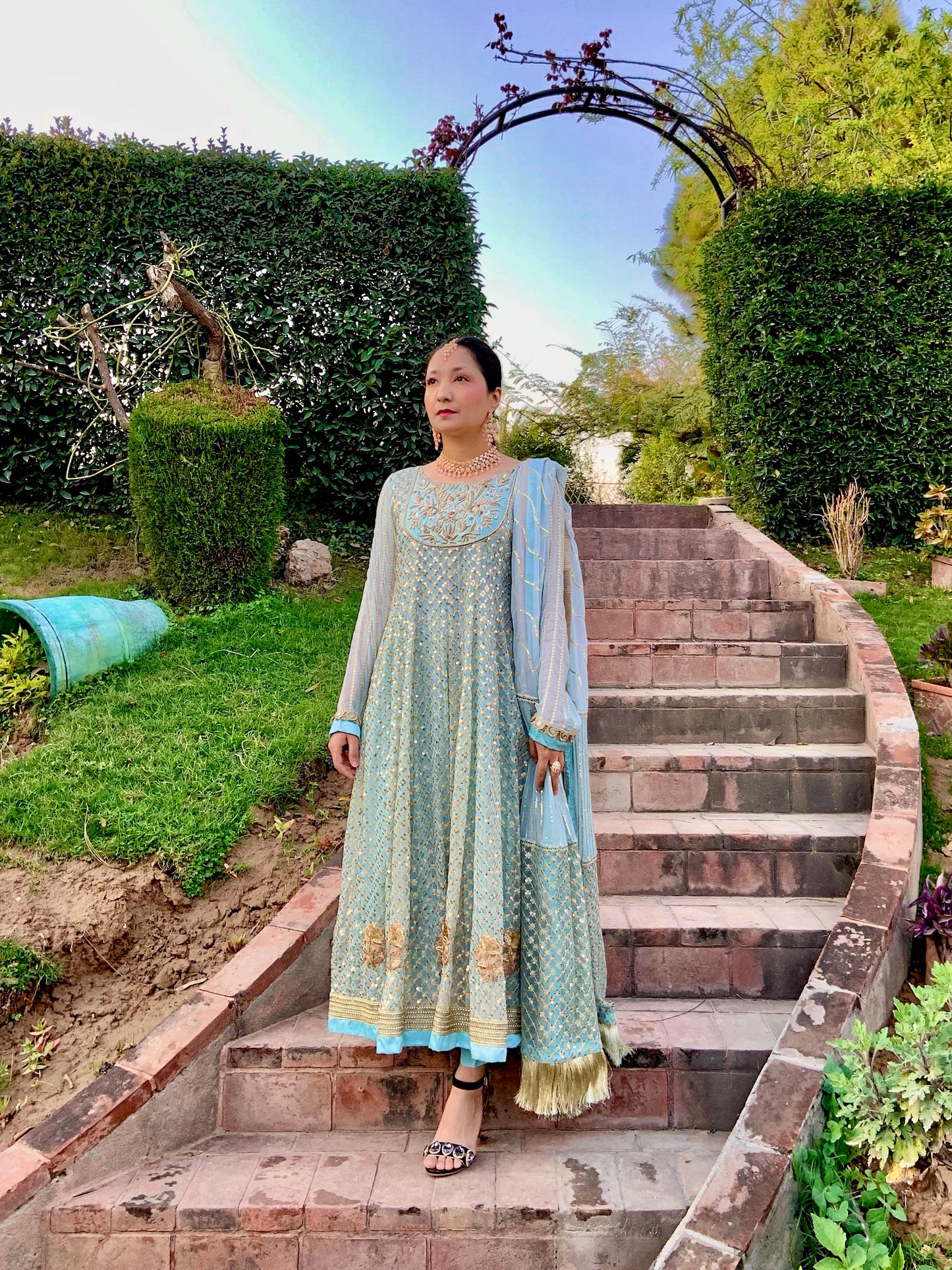 Powder Blue Sequinned Peshwas with Embroidery