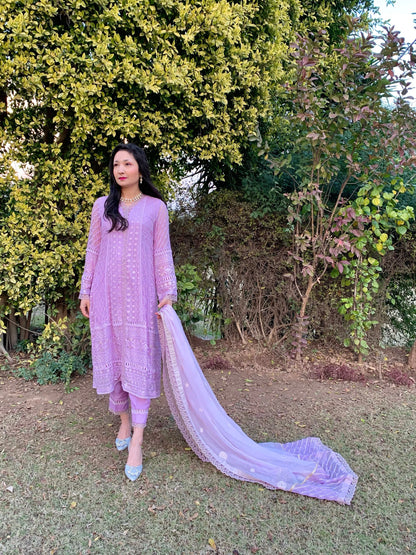 Lilac Chikankari Shirt with Dupatta and Trousers