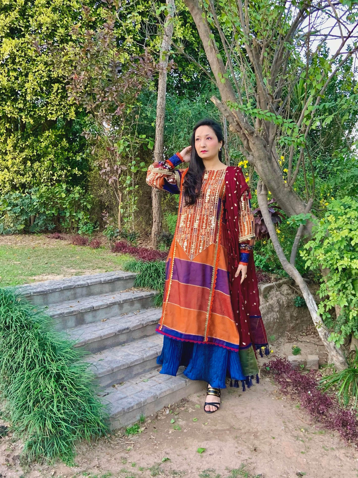 Burnt Orange, Rust and Blue Tri-Coloured Cotton Net Embroidered Shirt with Crushed Silk Dhaka Trousers