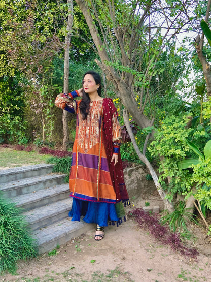 Burnt Orange, Rust and Blue Tri-Coloured Cotton Net Embroidered Shirt with Crushed Silk Dhaka Trousers