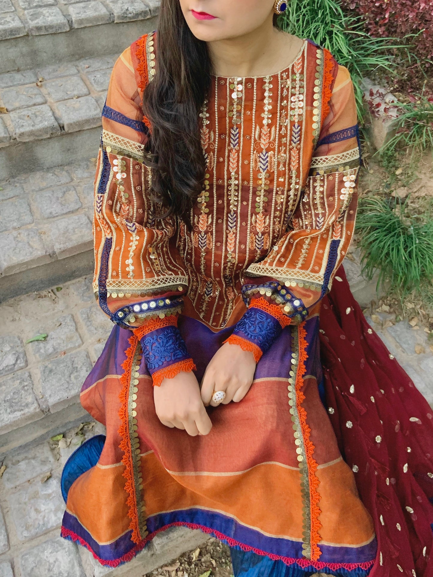 Burnt Orange, Rust and Blue Tri-Coloured Cotton Net Embroidered Shirt with Crushed Silk Dhaka Trousers