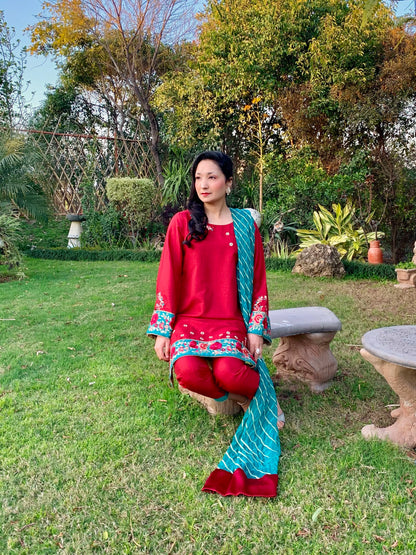 Red Karandi Raw Silk Shirt with Embroidery