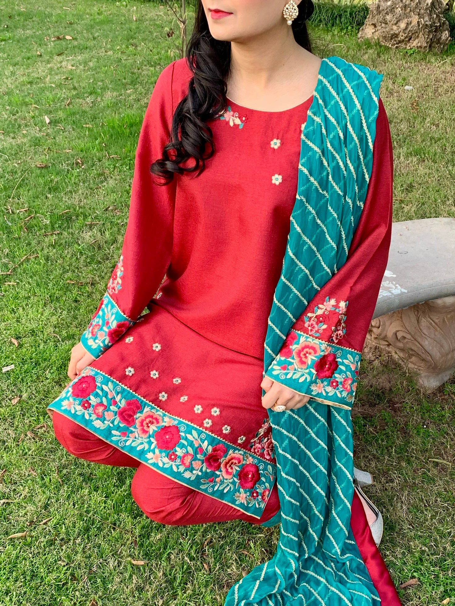 Red Karandi Raw Silk Shirt with Embroidery