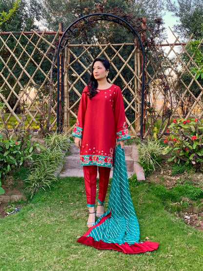 Red Karandi Raw Silk Shirt with Embroidery