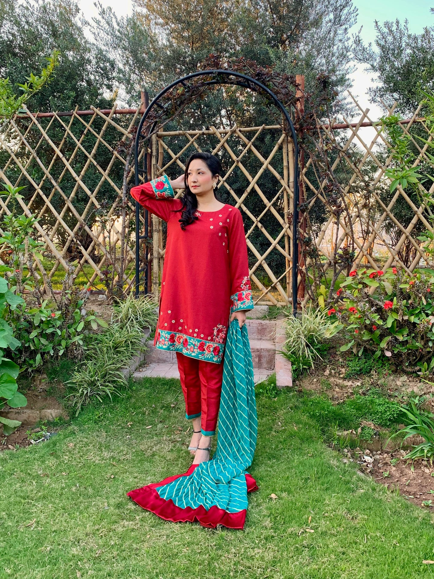 Red Karandi Raw Silk Shirt with Embroidery