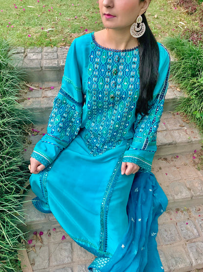 Teal Silk Shirt with Embroidery