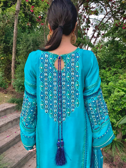 Teal Silk Shirt with Embroidery