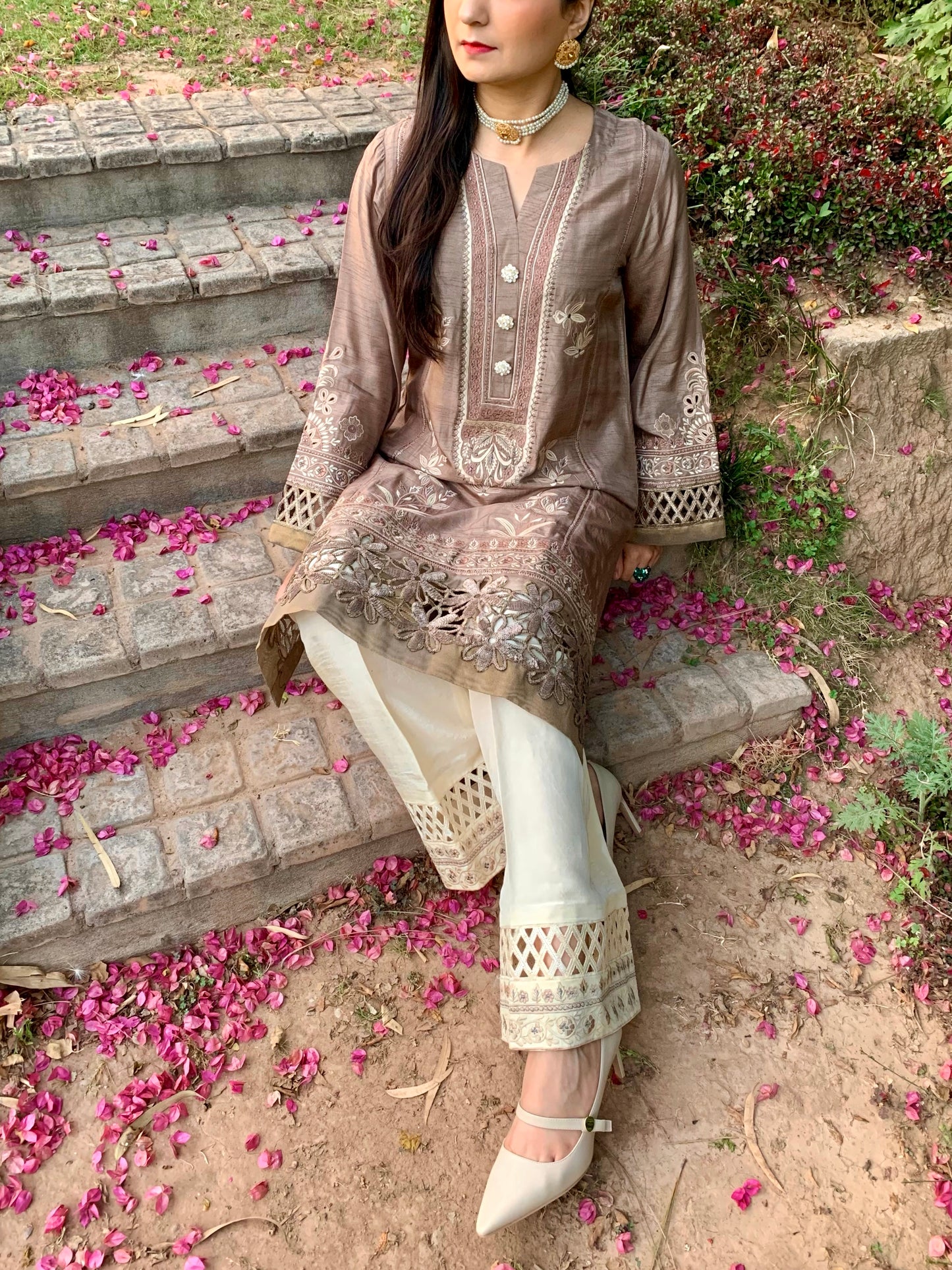 Taupe Silk Shirt with Cutwork Embroidery and Bootcut Trousers