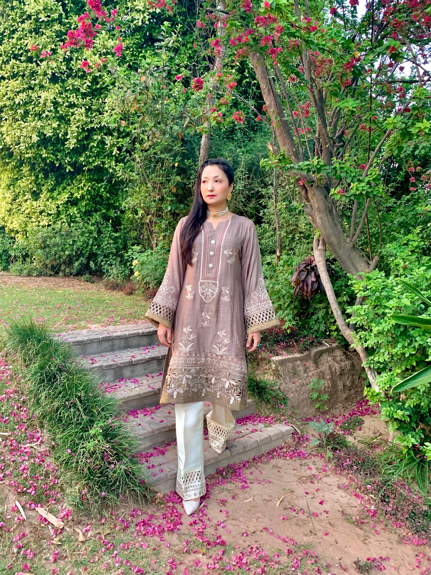 Taupe Silk Shirt with Cutwork Embroidery and Bootcut Trousers