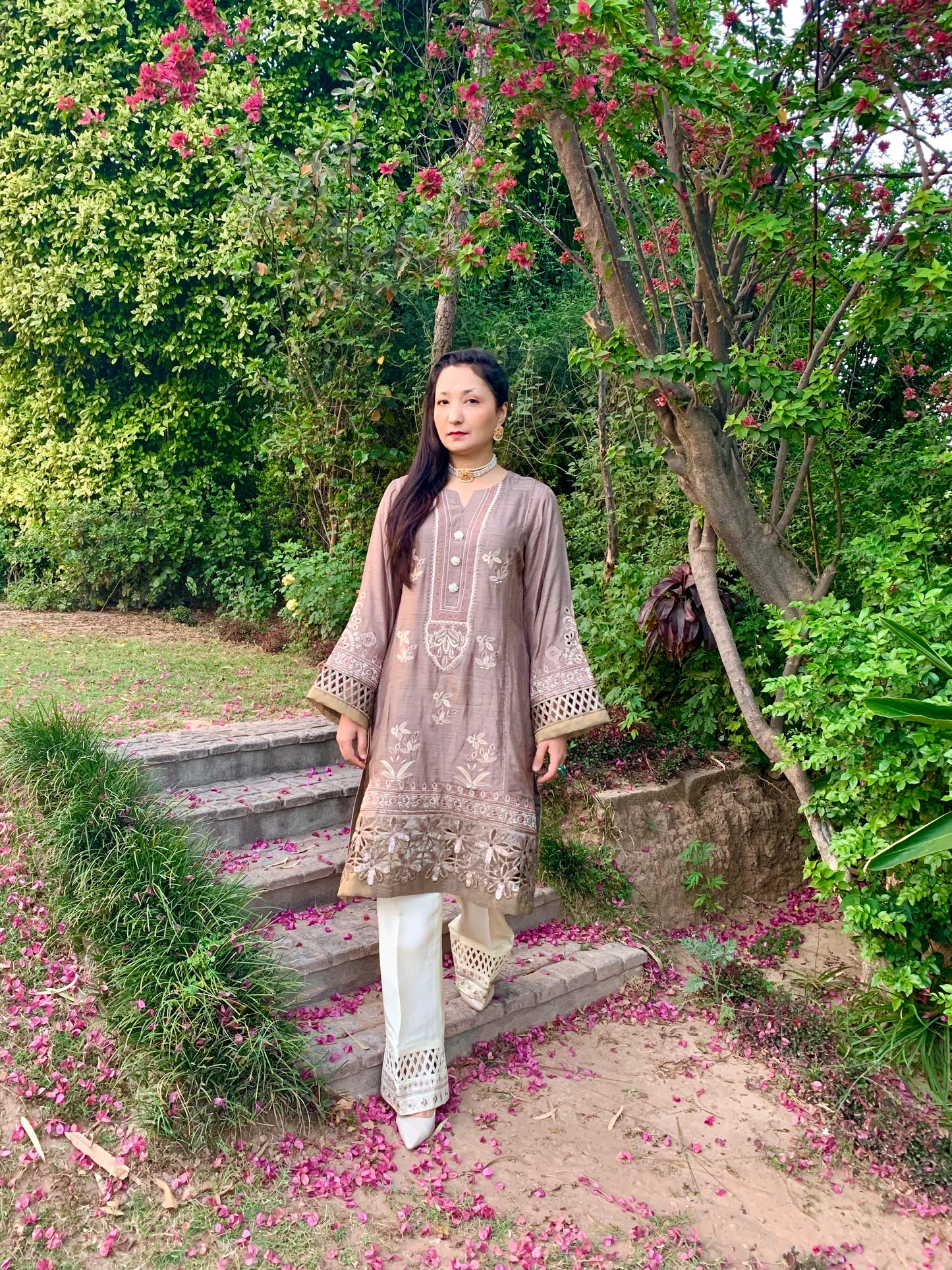 Taupe Silk Shirt with Cutwork Embroidery and Bootcut Trousers