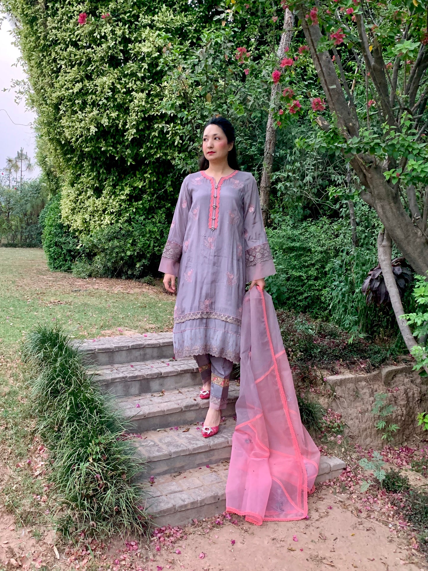 Grey Silk Shirt with Coral Embroidery