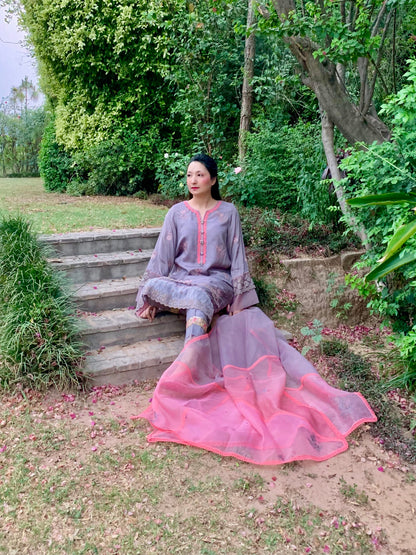 Grey Silk Shirt with Coral Embroidery