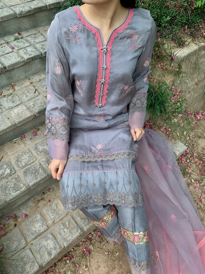 Grey Silk Shirt with Coral Embroidery