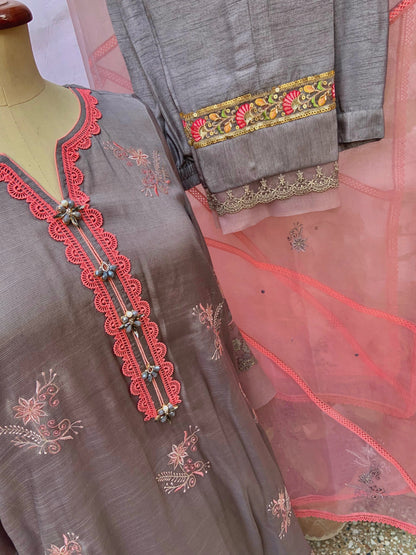 Grey Silk Shirt with Coral Embroidery