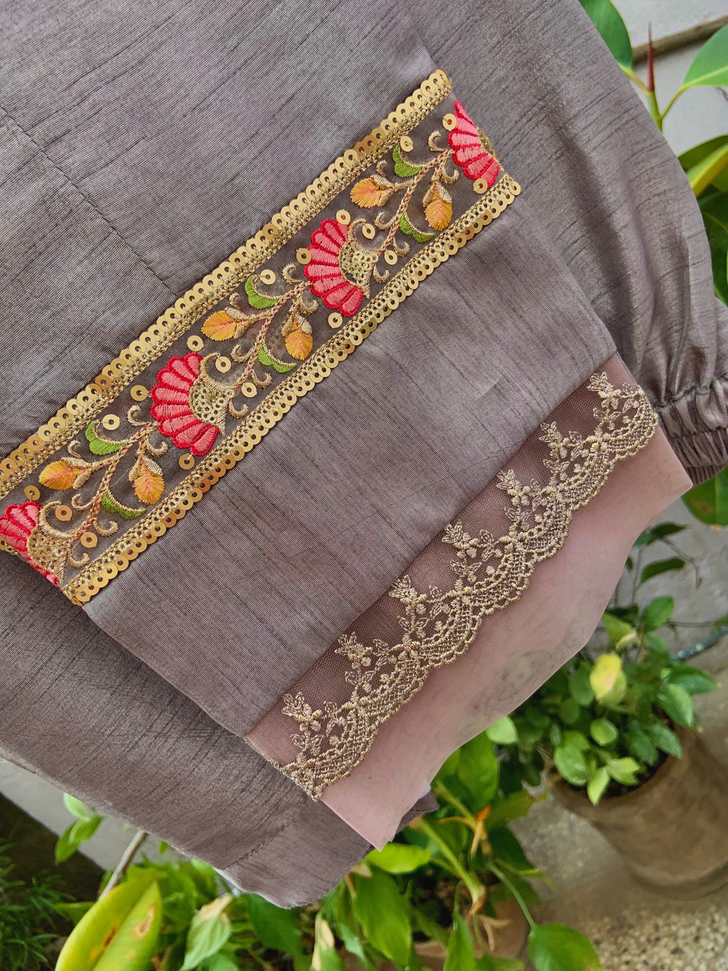 Grey Silk Shirt with Coral Embroidery