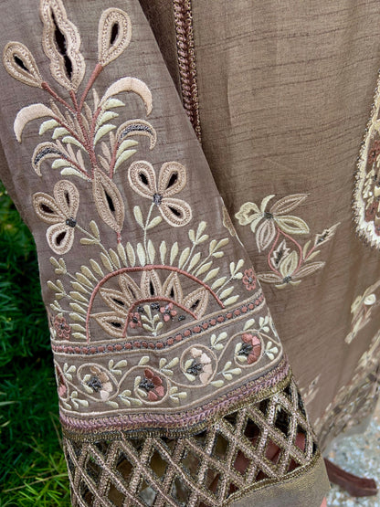 Taupe Silk Shirt with Cutwork Embroidery and Bootcut Trousers