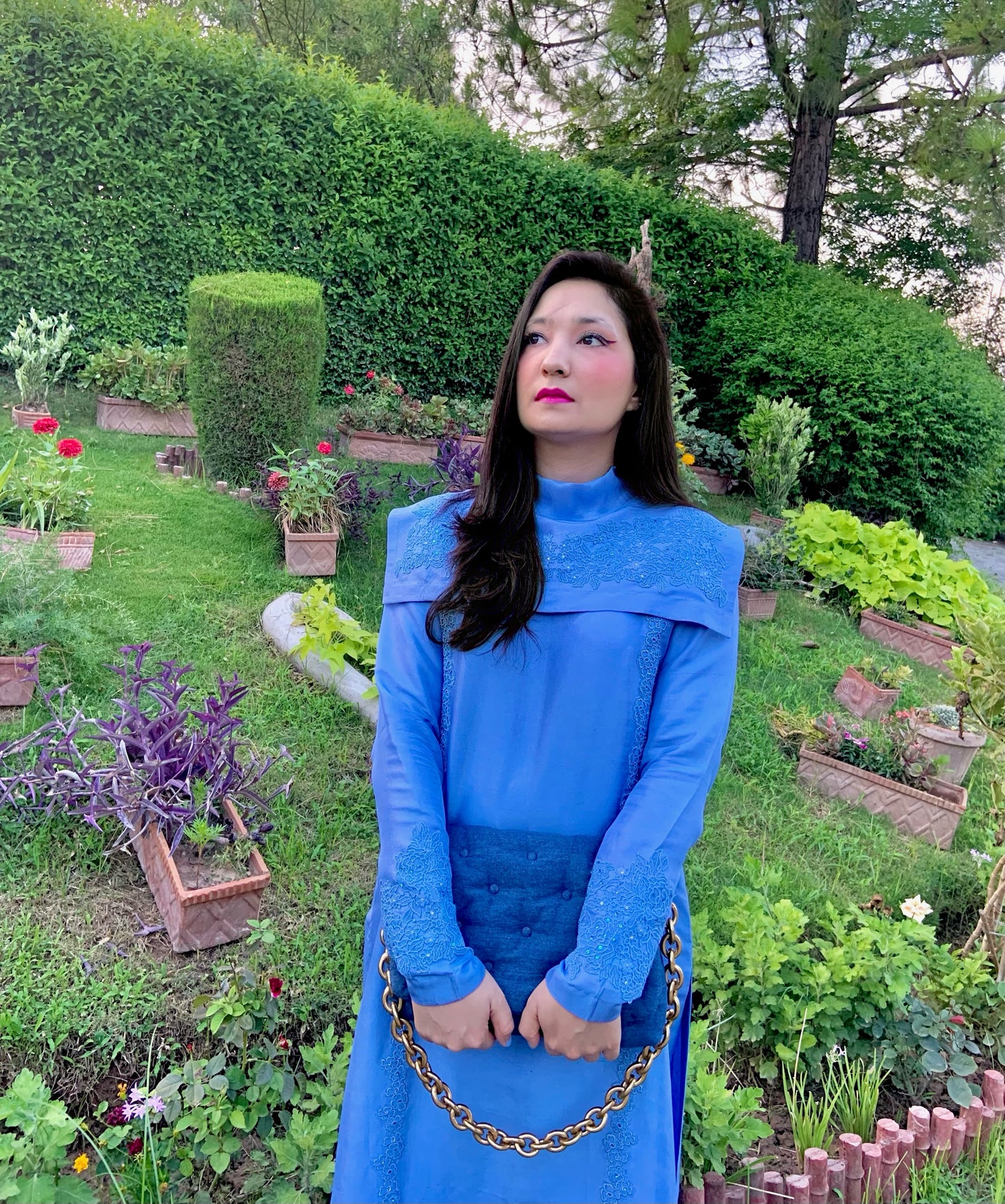 Cornflower Blue Silk Shirt with Bib